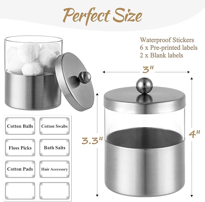 Gaussra Apothecary Jars, Qtip Holder - Brushed Stainless Steel Bathroom Jar with Stickers - Farmhouse Decor Qtip Dispenser for Qtips, Cotton Balls, Swabs, Makeup Sponges (2 Pack, Brushed Nickel)