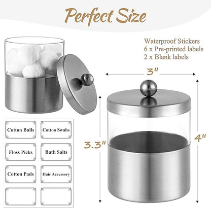 Gaussra Apothecary Jars, Qtip Holder - Brushed Stainless Steel Bathroom Jar with Stickers - Farmhouse Decor Qtip Dispenser for Qtips, Cotton Balls, Swabs, Makeup Sponges (2 Pack, Brushed Nickel)