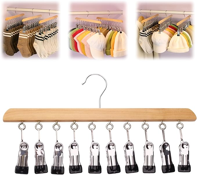 Closet Organizer with 10 Clips, 2026 New Space Saving Hanging Closet Organizer, Hat Scarf Clothespins for Legging Jeans Skirts Socks Pant Hangers (Wood-10 Clips, 1 Pcs)