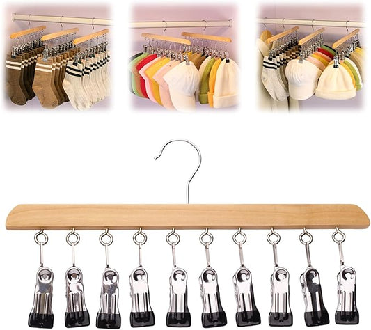 Closet Organizer with 10 Clips, 2026 New Space Saving Hanging Closet Organizer, Hat Scarf Clothespins for Legging Jeans Skirts Socks Pant Hangers (Wood-10 Clips, 1 Pcs)
