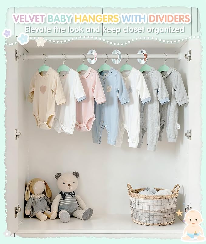 VIS'V Baby Hangers, 11 Inch Velvet Kids Hangers with 6 Pcs Clothes Size Dividers, Infant Toddler Nursery Closet Organization, Non Slip, Mint Green, 50 Pcs