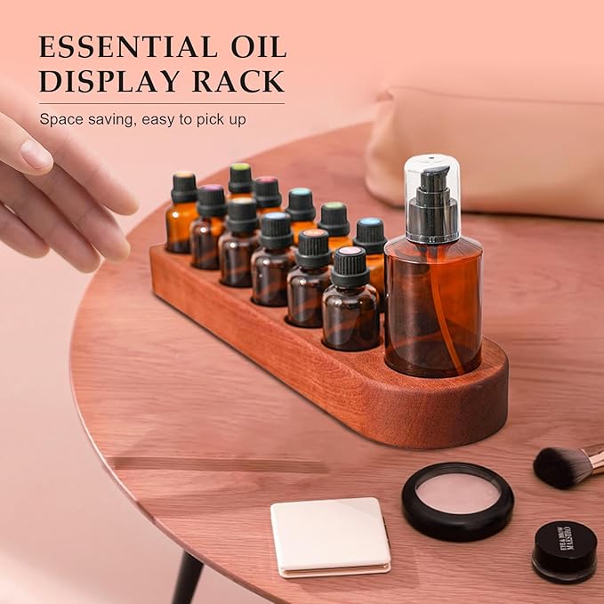 Wooden Essential Oil Holder with 13 Holes (3cmx12 & 5cmx1), Retro Desktop Display Rack for Bathroom Vanity Desk Organizer