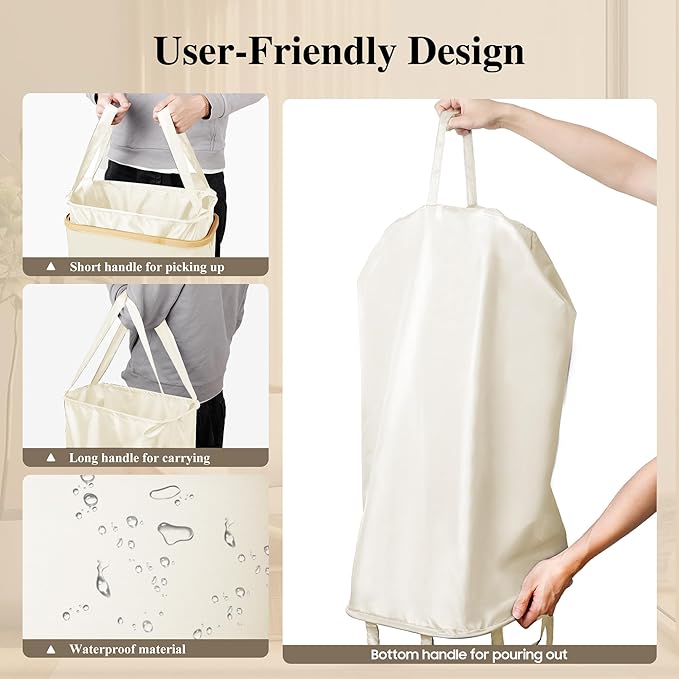 Foluck Slim Laundry Hamper, 60L Waterproof Narrow Laundry Basket with Lid and Removable Bag, Collapsible Tall Clothes Hamper with Bamboo Handles for Clothes Toys in Dorm Bedroom Bathroom, Beige