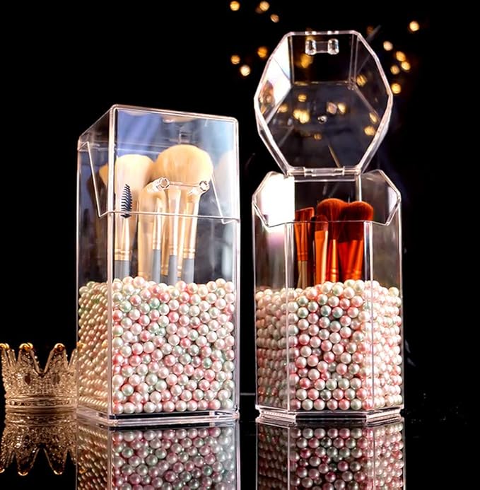 1PC Clear Acrylic Makeup Brushes Holder with Lid Cosmetic Brushes Organizer Waterproof Cosmetic Storage Display Box Case for Dressing Tables and Vanity