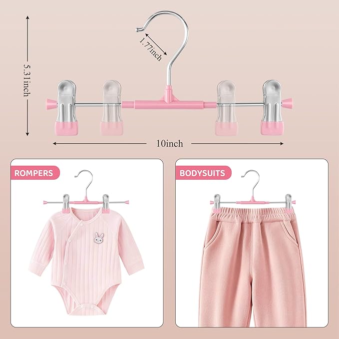 HUADYMEET 30 Pack Baby Pants Skirt Hangers,Non-Slip Space Saving Clothes Hangers with Clips for Kids,Children,Toddler,Jeans Trousers Shorts Metal Hanger for Closet Organization,Women,Men,10inch(Pink)