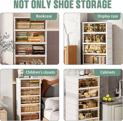 Foldable Storage Box - Clear Stackable Shoe Organizer with Lids - Large 6 Layer Shoe Rack Cabinet