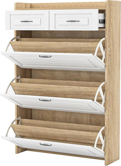 Vibe & Dine Shoe Cabinet with 3 Large Flip Drawers & 2 Storage Drawers, Narrow Shoe Organizer Cabinet Fits for Kinds of Shoes, Slim Shoe Storage Cabinet for Entryway, Hallway, Bedroom, Natural Wood