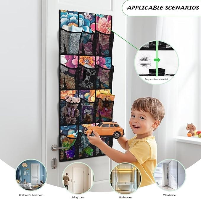 Bohemian Over the Door Organizer with 12 Mesh Pockets - Breathable Design for Bath Towels, Toiletries, Makeup (Waterproof Lining)