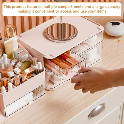 Yieach Pink Makeup Organizer Countertop With 4 Drawers,Large Cosmetics Storage Organizer for Brush,Hair Products,Plastic Makeup Holders and Beauty Skincare Organizers for Bathroom,Vanity,Dresser Top
