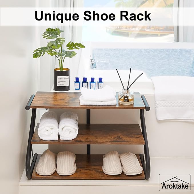 3-Tier Shoe Rack, Wooden Shoe Storage with S-Shaped Heavy Duty Metal Free Standing, Shoe Organizer Shelf for Front Door Entryway, Hallway, Living Room, Closet, Bedroom (Black & Rustic Brown)