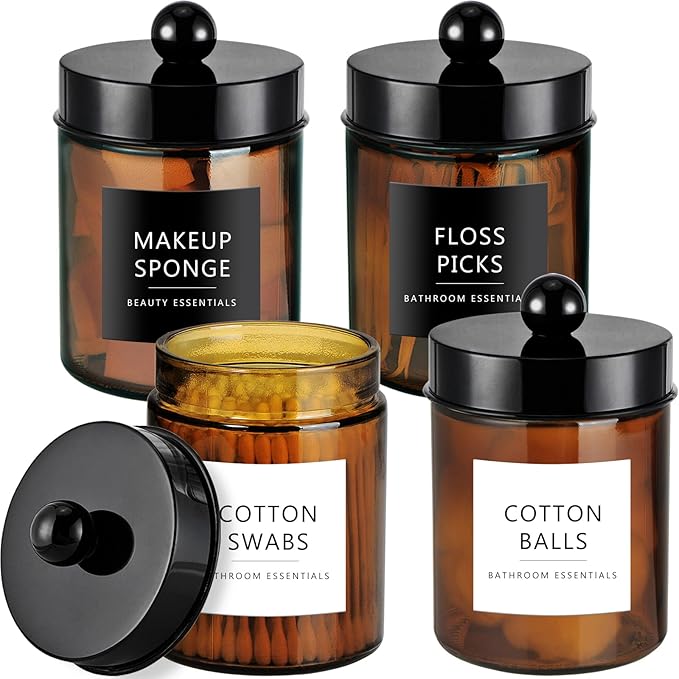Amolliar Amber Glass Qtip Holder, Apothecary Jars with Black Plastic Lid & Stickers-Bathroom Qtip Dispenser Storage Organizer Set, Vanity Counter Cantainer for Cotton Swabs,Round Floss (4 Pack)