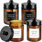 Amolliar Amber Glass Qtip Holder, Apothecary Jars with Black Plastic Lid & Stickers-Bathroom Qtip Dispenser Storage Organizer Set, Vanity Counter Cantainer for Cotton Swabs,Round Floss (4 Pack)