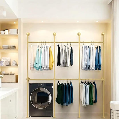 Industrial Pipe Gold Clothes Racks Wall Mounted, Rustic Gold Industrial Pipe Clothing Rack Design - Stylish & Heavy Duty Corner Garment Racks, Perfect for Home or Retail Display