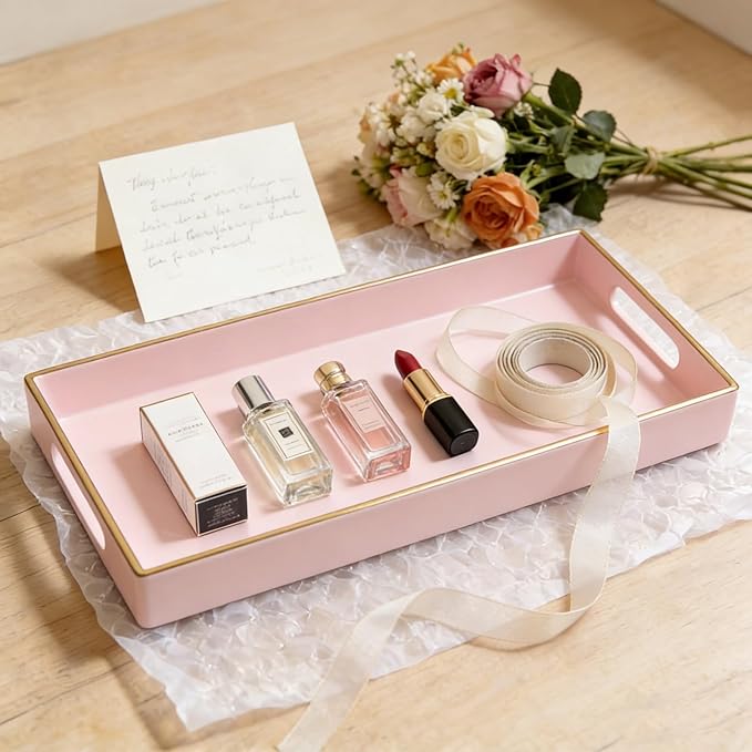 Pink Bathroom Counter Tray - Small Plastic Vanity Tray Bathroom Tray for Countertop,Multi-Purpose Bathroom Tray Countertop Organizer for Makeup,Perfumes,Jewelry,Candles,Waterproof and Easy to Clean