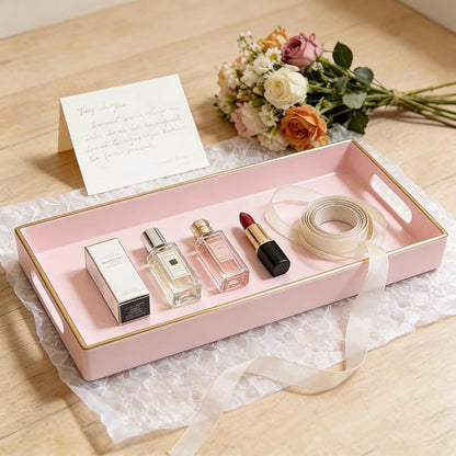 Pink Bathroom Counter Tray - Small Plastic Vanity Tray Bathroom Tray for Countertop,Multi-Purpose Bathroom Tray Countertop Organizer for Makeup,Perfumes,Jewelry,Candles,Waterproof and Easy to Clean