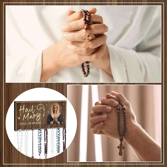 Colingmill Large Wooden Rosary Holder Wall Mounted with 8 Hangers Catholic Rosary Storage Organizer Decorative Hanger Holder for Necklace, Bracelet Prayer Storage(Classic)