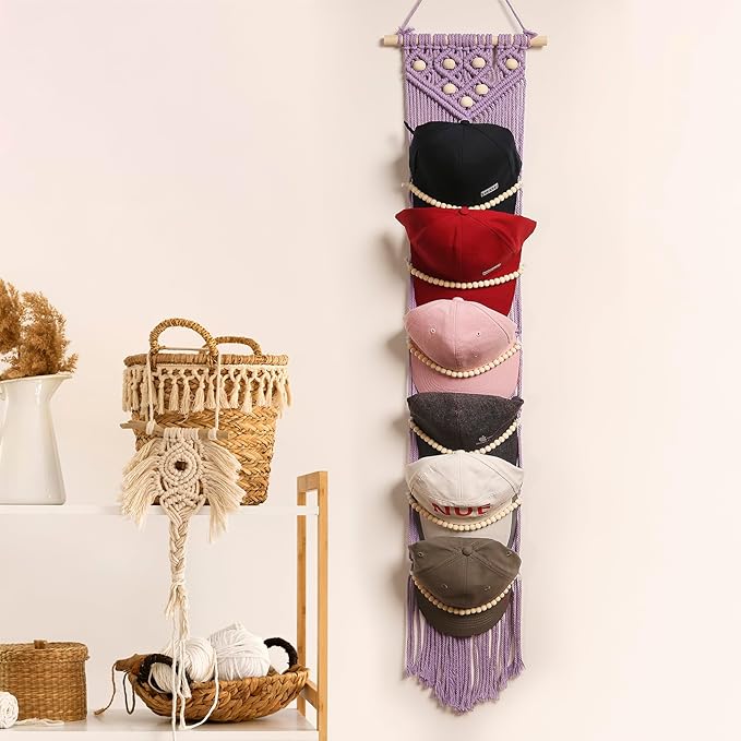 jontell Ball Cap Hanger-1 Pack-Boho Macrame Cap Holder Wall Hat Organizer for Baseball Cap Holder Over Door, Hat Rack for Wall, Cap Rack for Decoration and Display(purple)