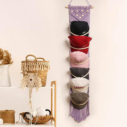 jontell Ball Cap Hanger-1 Pack-Boho Macrame Cap Holder Wall Hat Organizer for Baseball Cap Holder Over Door, Hat Rack for Wall, Cap Rack for Decoration and Display(purple)