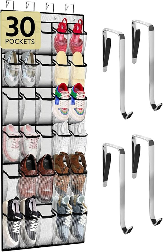 PAULONE Over the Door Organizer with 30 Large Pockets, 3 Sizes of Closet Hangers, Holds up to 69 lbs, Hanging Organizer with Clear Window for Children's Toys, Shoes, Diapers (White)