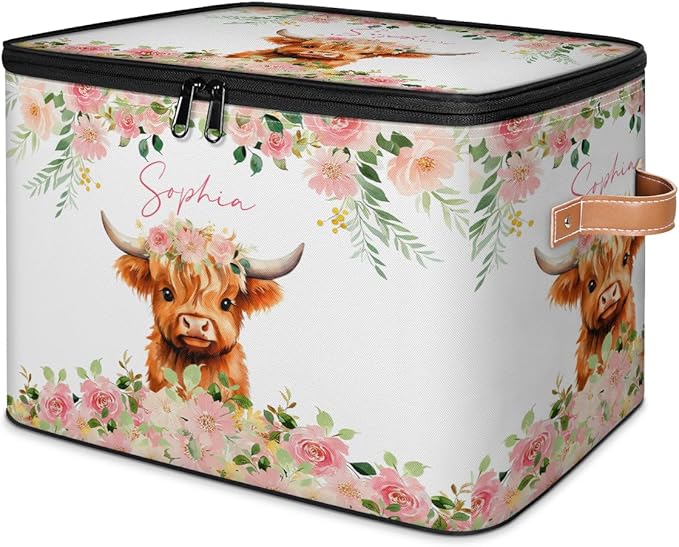 Custom Highland Cow Storage Bins with Lid, Foldable Personalized Storage Basket Boxes with Handle Pink Flower Shelf Basket Closet Organizer Cube