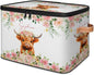 Custom Highland Cow Storage Bins with Lid, Foldable Personalized Storage Basket Boxes with Handle Pink Flower Shelf Basket Closet Organizer Cube