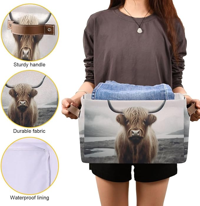 YETTASBIN Highland Cow Storage Basket 2pc, Large Collapsible Toys Clothes Organizer, Durable Canvas Storage Bin with Handle for Shelves Closet Laundry Home Office Decor