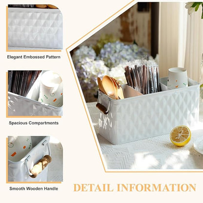 Silverware Caddy for Party Kitchen Flatware Holder for Countertop Metal White Diamond Pattern Embossed Cutlery Organizer with 3 Compartments for Utensils, Spoons, Knives, Forks, Cups,