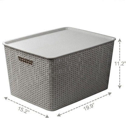 BINO | Plastic Storage Baskets with Lids, 45 Liter - 3 Pack, Natural Grey | THE WOVEN COLLECTION | Storage Basket for Shelves | Woven Storage Baskets for Organizing Bins | Pantry Shelf Organizer Bin