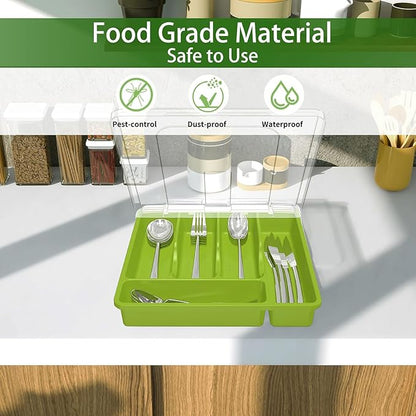 Silverware Organizer with Cover, Portable Cutlery Holder Flatware Tray with Lid Plastic Silverware Storage Box (Green)