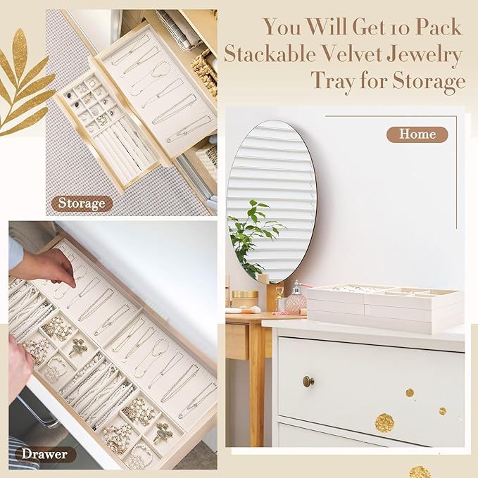 Cinnvoice Set of 10 Stackable Jewelry Organizer Trays for Drawer 14 Inch Velvet Jewelry Drawer Insert Display Storage with Removable Divider for Necklace Earring Ring Watch Bracelet (Beige)