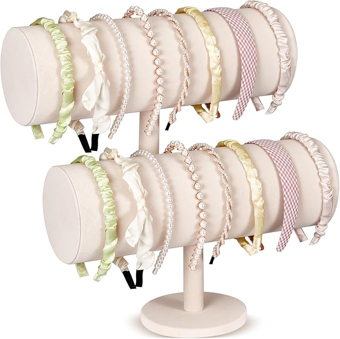 Wenqik 2 Pcs T Bar Headband Holder Velvet Headband Rack Organizer Hairband Earring Display Stand for Women(Beige)
