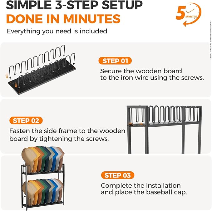 Cinati 2-Tier Hat Organizer for Baseball Caps, 2 Pack 18 Capacity Freestanding Baseball Cap Rack, Metal & Wood Hat Storage for Closet Entryway Bedroom, Black Cap Holder Stand, Gifts for Men Dad