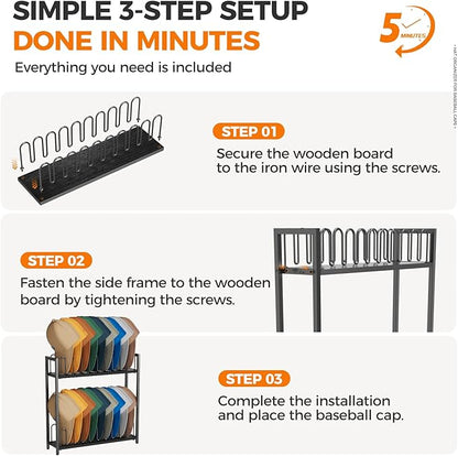 Cinati 2-Tier Hat Organizer for Baseball Caps, 2 Pack 18 Capacity Freestanding Baseball Cap Rack, Metal & Wood Hat Storage for Closet Entryway Bedroom, Black Cap Holder Stand, Gifts for Men Dad