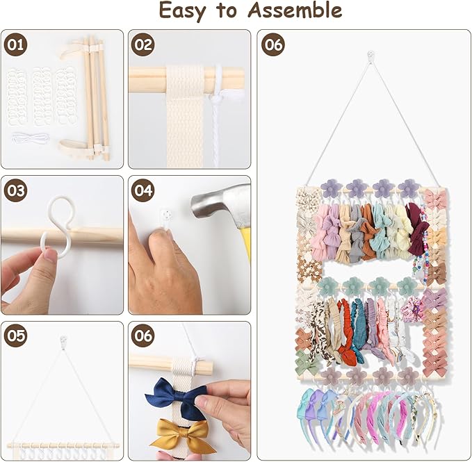 Headband Holder Hair Bow Organizer for Girls, Bow Holder Display w/ 30 Hooks, Wall Hanging Claw Clip Hair Accessories Organizer for Baby Toddler Women Nursery Decor(20x15inch,Beige)