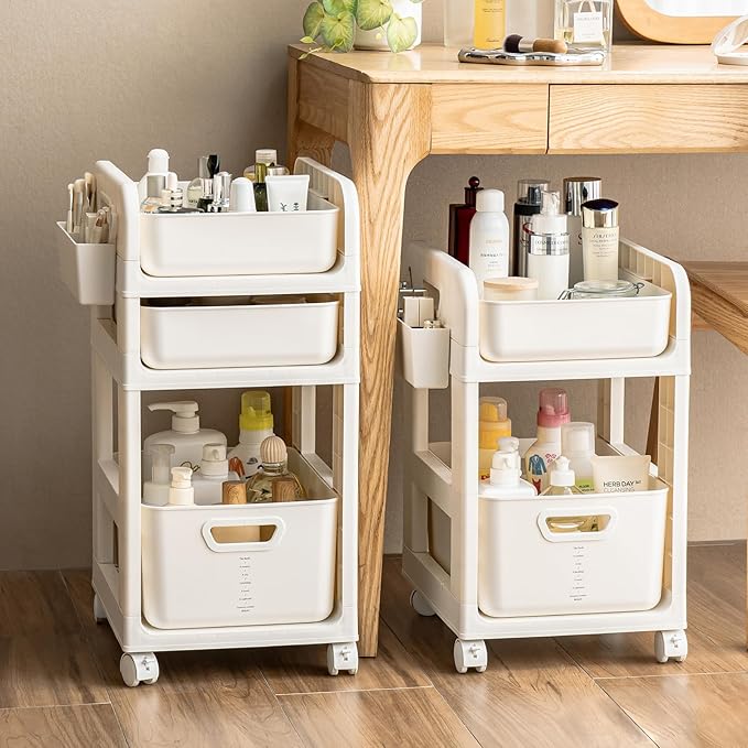 Rolling Makeup Organizer Cart with Removable Drawer, 3 Tier Stable White Floor Skincare Storage Cart for Vanity, Cosmetic Display, Nail Polish, Perfume, Hair Stuff, Beauty, Bathroom (3 Tier White)