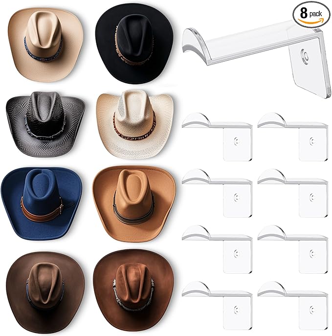 Aoodaily 2.8 Inch Hat Hooks for Wall - (8 Pack) Cowboy Hat Rack, Strong Adhesive Cap Holder, Organizer for Baseball Caps, Western Room Decor - Clear