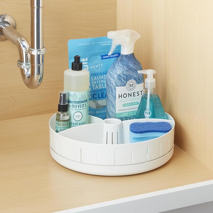 YouCopia SinkSuite Under Sink Turntable with Adjustable Dividers, Lazy Susan Organizer for Kitchen or Bathroom Storage, White