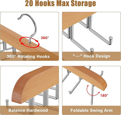 Tie Rack Hanger for Closet, 2 in 1 Belt Tie Hangers with 20 Folding Hooks, 360 Degree Rotating Wooden Tie Holder Organizer for Men Ties Belts Scarves Tank Tops Accessories, Wood (2 Pack)