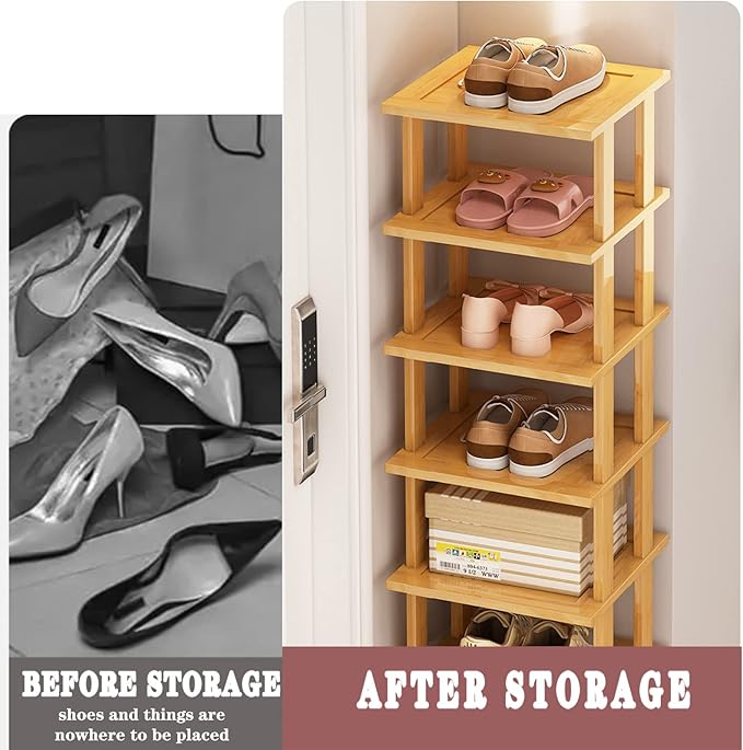 SAN HE Bamboo Shoe Rack 17 Tier- Vertical Shoe Rack for Small Spaces, Tall Narrow Shoe Rack Organizer for Closet Entryway Corner Garage and Bedroom,Skinny Shoe Shelf with Free Stackable DIY