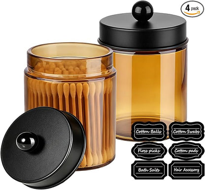 Amolliar 2Pc Glass Qtip Dispenser Holder Bathroom Vanity Storage Organizer Set -Countertop Canister with Metal Lids &Stickers Apothecary Jars for Cotton Swab, Floss Picks(Amber-black Lid)