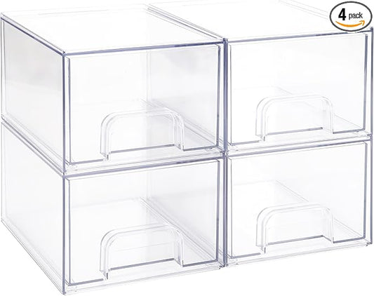 Sea Team 4-Pack Clear Makeup Organizer with Drawers, Acrylic Plastic Cosmetic Display Case, Jewelry Storage Box, Holder for Dresser, Bathroom, Vanity, Kitchen Cabinets, Pantry, Countertop