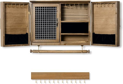 ikkle Wooden Jewelry Organizer Wall Mounted, Hanging Jewelry Holder with Removable Bracelet Rod and Hooks for Necklaces Earrings Bracelets Rings, Brown