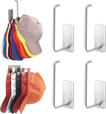 Hat Racks for Baseball Caps 4 Pack, Stainless Steel Adhesive Hat Hanger Hooks Holder for Wall, Multi-Purpose Strong Hook Organizer Can Hold More Than 40 Hats for Door/Closet
