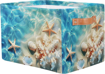 AUUXVA Storage Basket Tropical Sea Beach Starfish Seashell Storage Cube Box Durable Canvas Collapsible Toy Basket Organizer Bin with Handles for Shelf Closet Bedroom Home Office