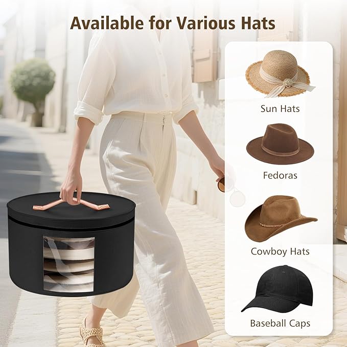 HEAVYWOOD Hat Box for Women Storage Travel Felt Hat Case for Wide-Brim Cowboy Hat Storage Foldable Organizer for Closet Large Round Hat Carrier with Portable Handle (Pure Black)