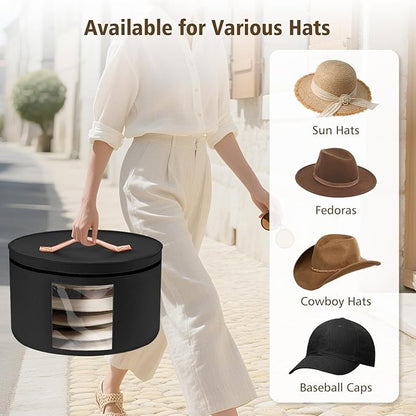 HEAVYWOOD Hat Box for Women Storage Travel Felt Hat Case for Wide-Brim Cowboy Hat Storage Foldable Organizer for Closet Large Round Hat Carrier with Portable Handle (Pure Black)