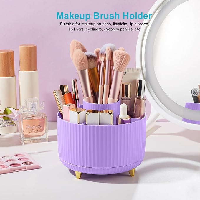 360 Rotating Plastic Desk Pen Organizer with 5 Slots, Dual-Purpose Art Supply Pencil Cup for Office, School, Home Light Purple