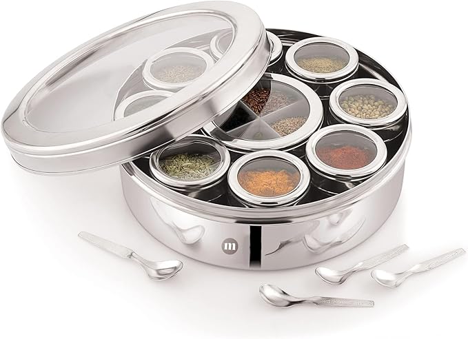 MARU 12 IN 1 Stainless Steel Indian Masala Box with See Through Lids, Elegant Spice box, Masala Dabba with 9 Spice Containers & 4 spoons for Kitchen Rack Organizer, Spice Storage Container for Kitchen