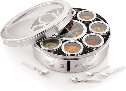 MARU 12 IN 1 Stainless Steel Indian Masala Box with See Through Lids, Elegant Spice box, Masala Dabba with 9 Spice Containers & 4 spoons for Kitchen Rack Organizer, Spice Storage Container for Kitchen