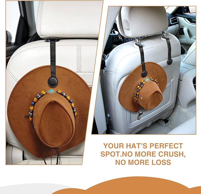 2-Pack Magnetic Cowboy Hat Holder for Truck, Leather Hat Rack Clip for Car Headrest, Travel Hat Hanger Organizer, Strong Grip Keeps Shape, Space-Saving Car Accessories ﻿